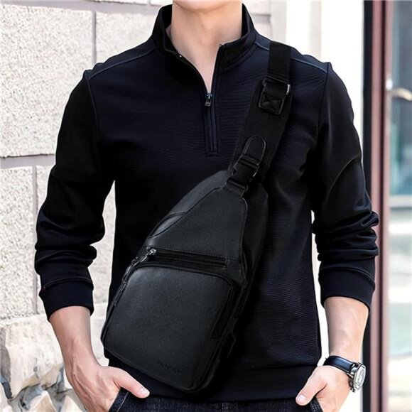 Men Leather Sling Bag Purse Waterproof Crossbody Chest Bag Sling Backpack - Picture 6 of 7